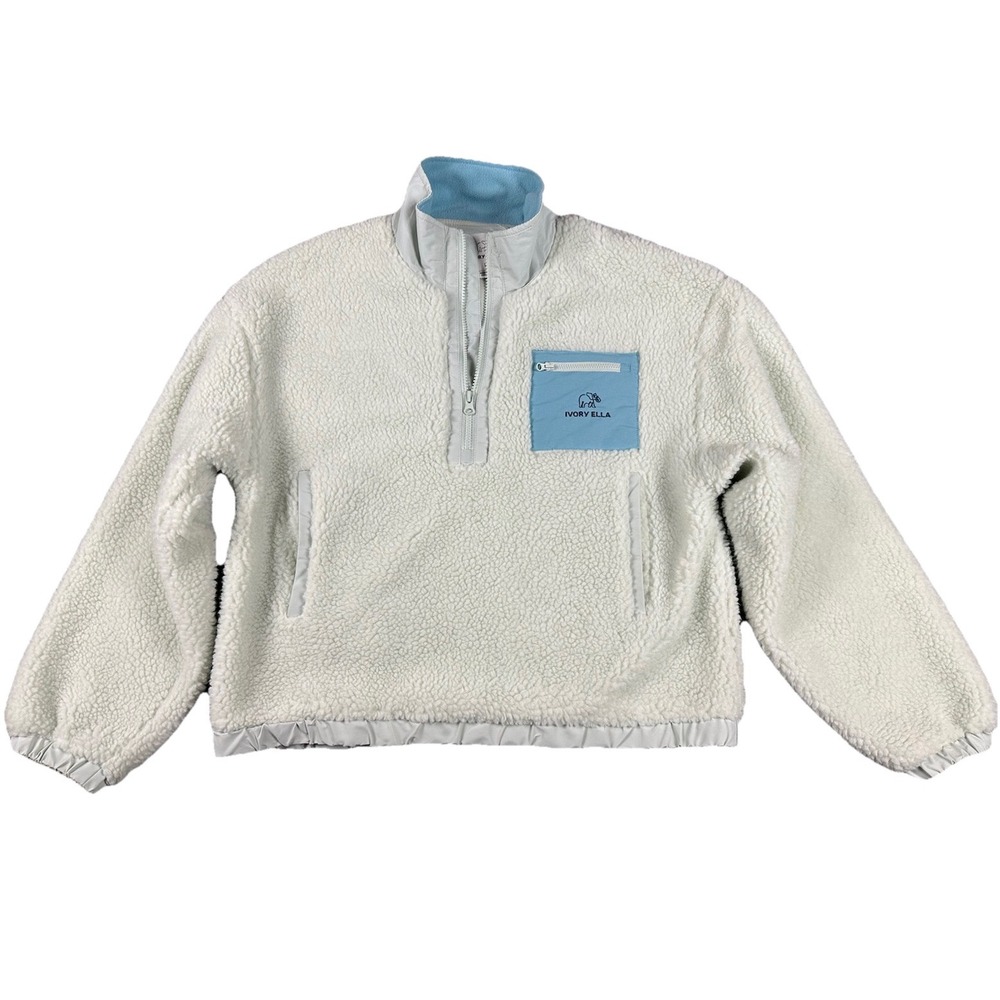 Ivory Ella Quarter Zip Fleece Sherpa Sweater Jacket Pockets Size L Green Blue